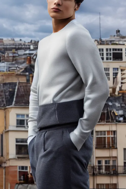 Image similar to un ultra high definition studio quality photographic art portrait of a young man standing on the rooftop of a british apartment building wearing soft padded silver pearlescent clothing. three point light. extremely detailed. golden ratio, ray tracing, volumetric light, shallow depth of field. set dressed.