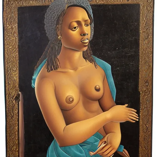 Image similar to Botticelli Black African Venus, full body