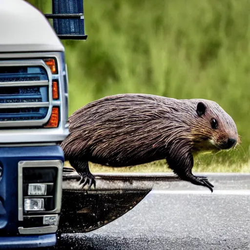 Prompt: beaver attacking a truck