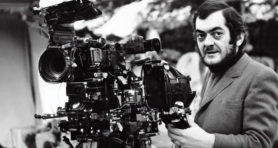 Image similar to a 1960s portrait photo of Stanley Kubrick on a movie set of the moon, 8K HD, old photo, highly detailed