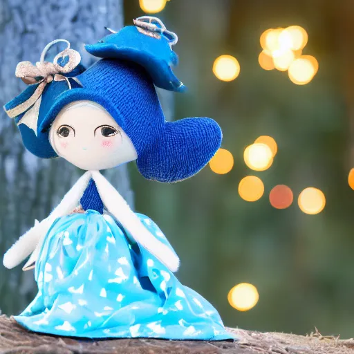 Image similar to blue'snappy gifts'logo doll in magical forest, gifts, dark atmosphere, high detail, soft lighting, 8 k