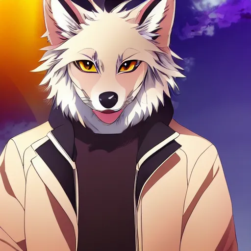 Image similar to key anime visual portrait of an anthropomorphic anthro wolf fursona, in a jacket, with handsome eyes, official modern anime art