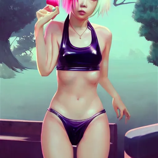 Image similar to a beautiful young japanese billie eilish lucy liu alluring instagram model in elaborate latex bikini tank top, tank top made from latex demon faces, by guweiz and wlop and ilya kuvshinov and artgerm and, aesthetic, gorgeous, stunning, alluring, attractive, artstation, deviantart, pinterest, digital art