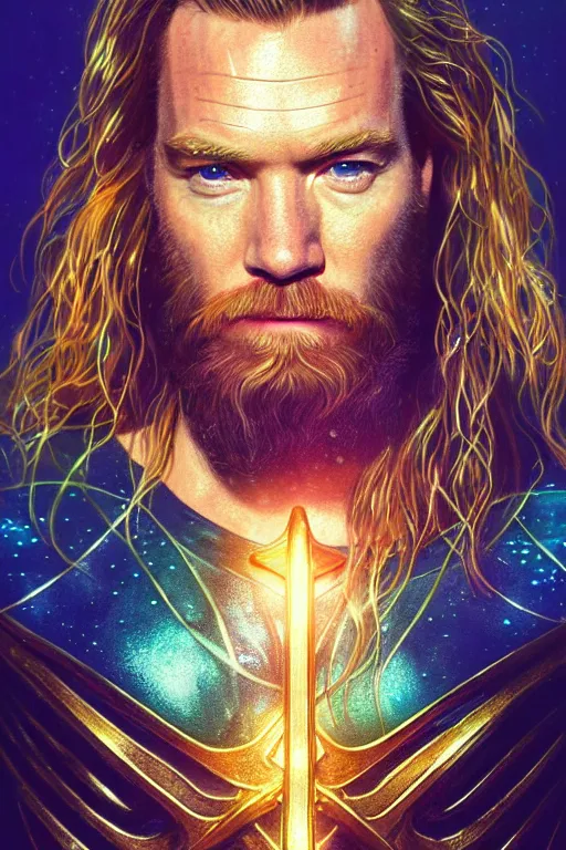 Image similar to portrait of ewan mcgregor as aquaman, beard, underwater, long hair, serious, intricate, elegant, gold, glowing lights, highly detailed, digital painting, artstation, concept art, smooth, sharp focus, illustration, art by wlop, mucha, artgerm, and greg rutkowski