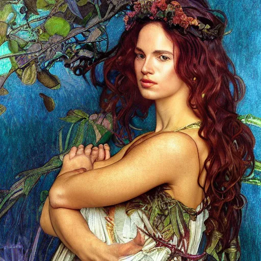 Image similar to a portrait of a beautiful fierce female nymph, detailed, centered, digital painting, artstation, concept art, donato giancola, Dante Gabriel Rossetti, alphonse mucha, Joseph Christian Leyendecker, WLOP, Boris Vallejo, Annie Leibovitz and Steve McCurry, David Lazar, Jimmy Nelsson, Breathtaking, 8k resolution, extremely detailed, beautiful, establishing shot, artistic, hyperrealistic, beautiful face, octane render