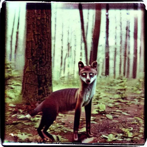 Prompt: real picture of a thylacine in the woods, taken on Polaroid camera, highly detailed