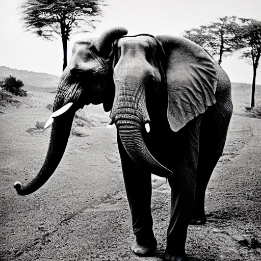 Prompt: 1920 photo of man riding elephant, black and white, cinestill, 800t, 35mm, full-HD