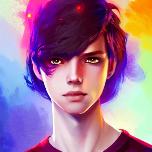 Image similar to colorful and festive captivating teenager boy with straight indigo hair, purple eyes with red eye markers, slim body, wearing combat clothes. rich vivid colors, ambient lighting, dynamic lighting, 4 k, atmospheric lighting, painted, intricate, highly detailed by charlie bowater