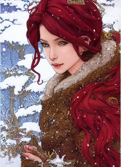 Prompt: portrait of a sexy elf wearing a wintercoat, red hair, brown skin, snow, sharp focus, award - winning, masterpiece, highly detailed, intricate. art by rebecca guay, rossdraws, tarot card