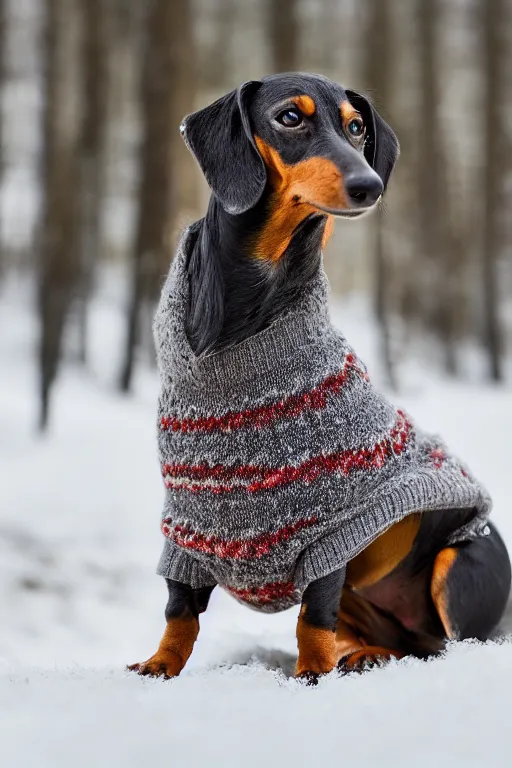 Prompt: beautiful photo of a dappled dachshund with sweater playing in a snow forest in the early hours of the morning with morning fog and snow. sunrise. nature. photography. national geographic. detailed face and fur, ultra hd, sharp. volumetric lighting, hasselblad. nikon z 9. 1 0 0 mm. f / 2. 5