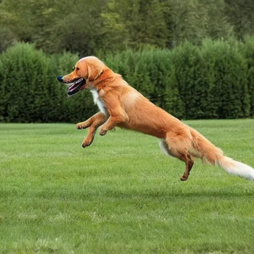 Image similar to fox jumping over a lazy golden retriever