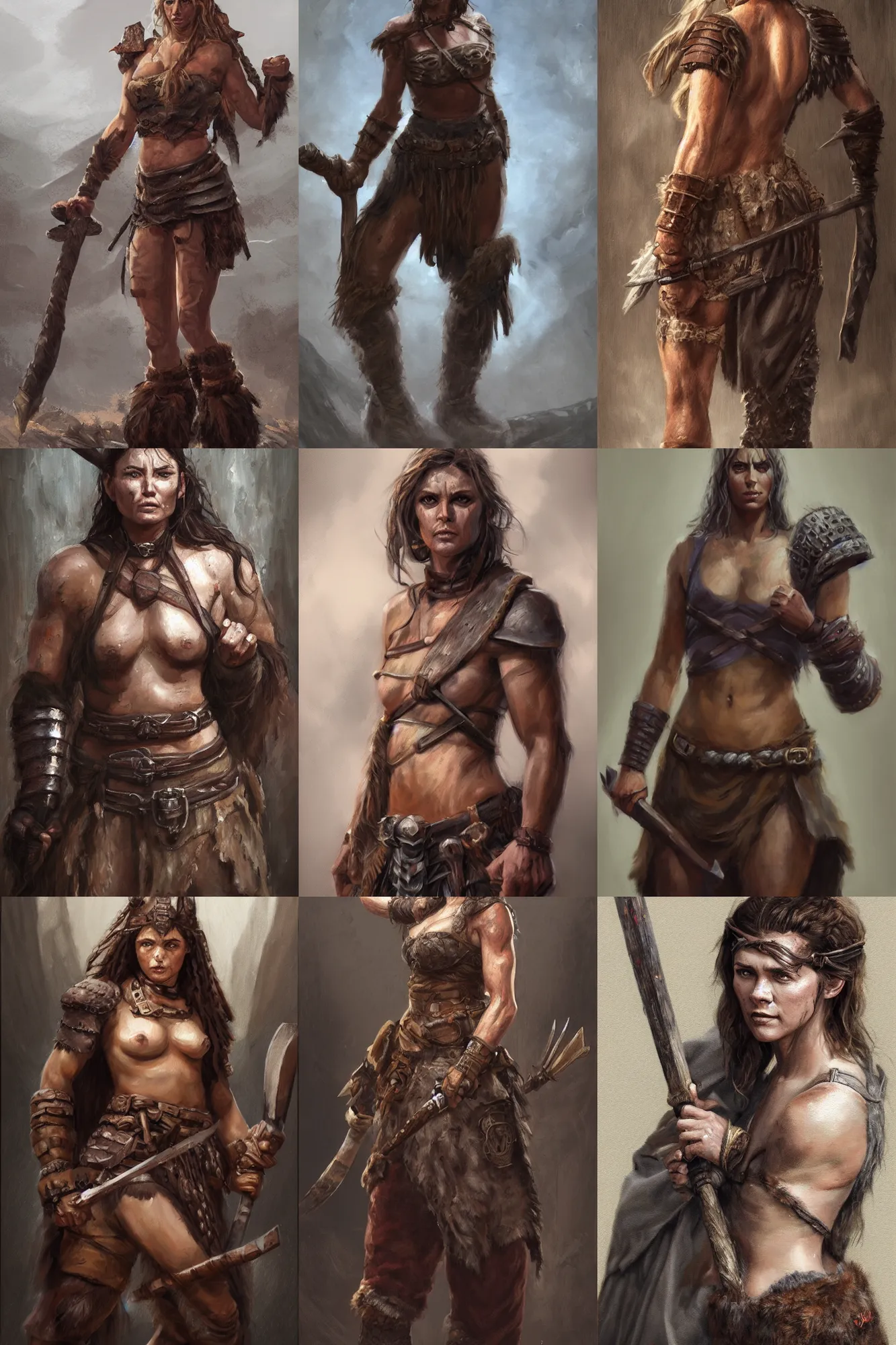 Prompt: a full body fantasy portrait oil painting illustration of a single rugged stoic barbarian woman by Justin Sweet with face and body clearly visible, d&d, rpg, forgotten realms, artstation trending, high quality, sombre mood, artstation trending, muted colours, no crop, entire character, no nudity,