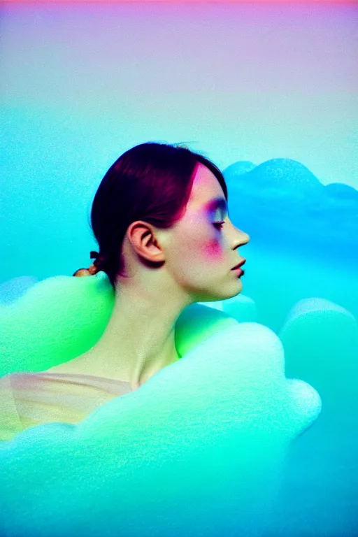 Image similar to high quality pastel coloured film close up wide angle photograph of a model wearing clothing swimming on cloud furniture in a icelandic black rock!! environment in a partially haze filled dreamstate world. three point light, rainbow. photographic production. art directed. pastel colours. volumetric clouds. pastel gradient overlay. waves glitch artefacts. extreme facial clarity. 8 k. filmic.