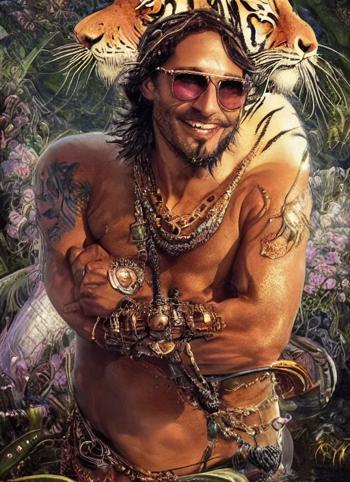 Prompt: muscular Atlantean king Gael García Bernal grinning and wearing cholo sunglasses and a heavy bejeweled gold crown reclining poolside with a beautiful tiger, steelpunk, ghibli studio, nekro, Tom Bagshaw, Craig Mullins, octane 8k, by brian froud, Trending on ArtStation