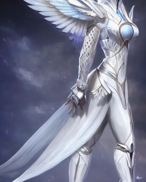 Image similar to perfect white haired attractive egyptian goddess with huge white dove wings, warframe armor, beautiful, symmetric, dreamy, half asian, pretty face, blue eyes, detailed, scifi platform, laboratory, experiment, 4 k, ultra realistic, epic lighting, android body, illuminated, cinematic, masterpiece, art by akihito tsukushi, voidstar