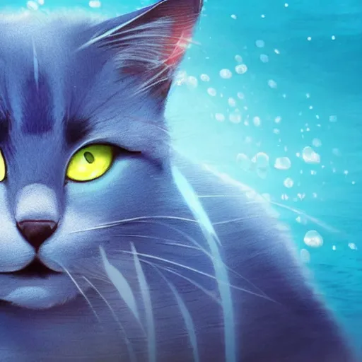 Prompt: a realistic blue cat superhero with water powers, glowing eyes, ocean background,cat is floating in air