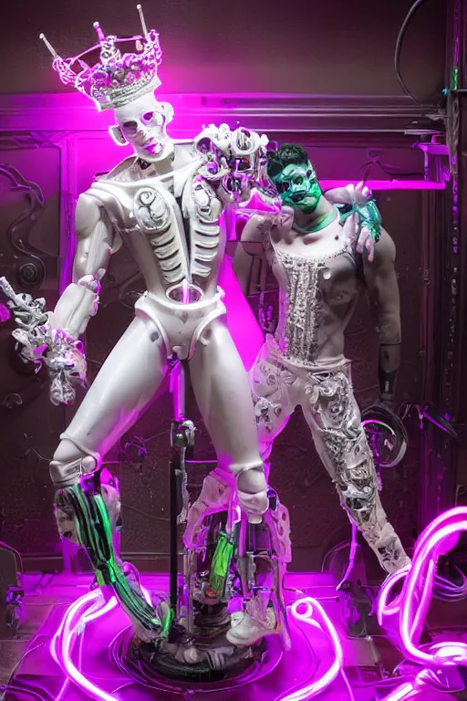 Image similar to full-body rococo and cyberpunk style neon statue of a muscular attractive Nick Jonas macho dotado e rico android sim roupa reclining con las piernas abertas e la piroca dura, glowing white laser eyes, prince crown of pink gears, diamonds, swirling silver-colored silk fabric. futuristic elements. full-length view. space robots. human skulls. intricate artwork by caravaggio. Trending on artstation, octane render, cinematic lighting from the right, hyper realism, octane render, 8k, depth of field, 3D