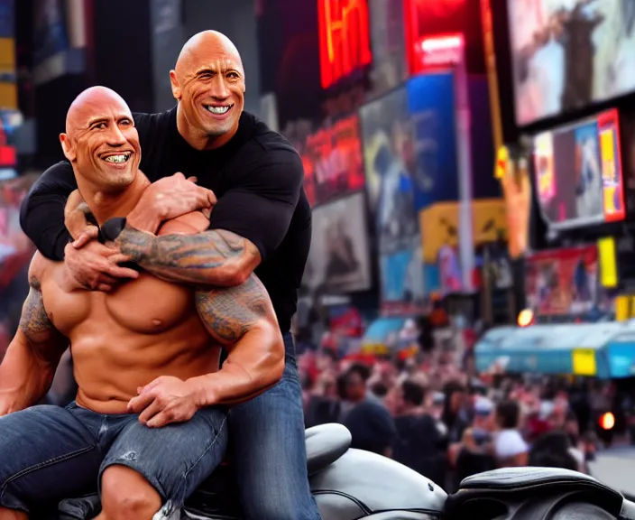 Image similar to Dwayne the Rock Johnson riding on the back of Adam Sandler, doing Methamphetamine at Times Square, photograph by Alfred Eisenstaedt, 4K, dramatic lighting; 4K 8K