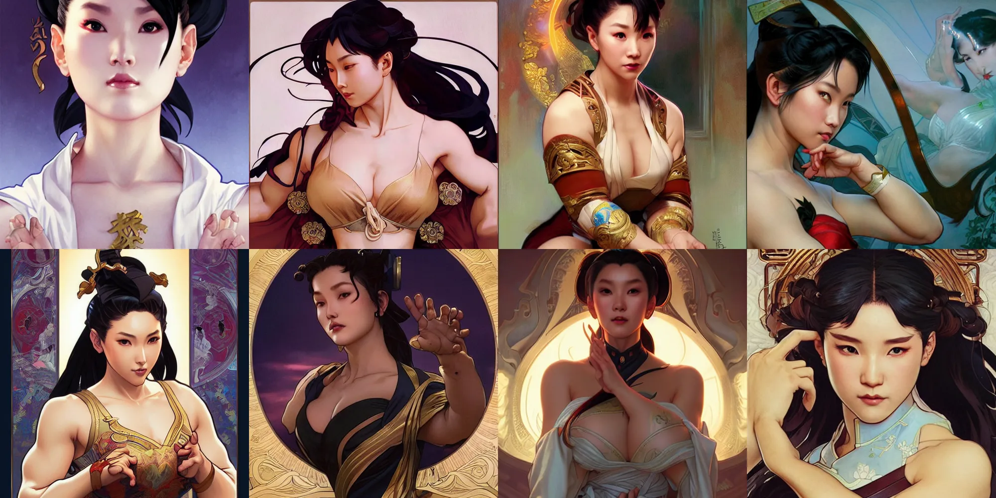 Prompt: portrait of chun - li, sensual, art by artgerm and greg rutkowski and alphonse mucha