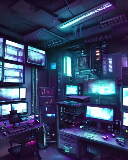 Image similar to artstation cyberpunk scifi scene of a complex computer workstation in a small studio apartment room, many monitors, many electronics, a window view, very detailed, maximalism, ambient occlusion, volumetric light, atmospheric haze, unreal engine, hyper realism, realistic shading, cinematic composition, realistic render, octane render, detailed textures, photorealistic, wide shot