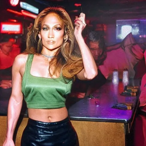 Image similar to Jennifer Lopez working as a waitress in a night club in Soviet Union clothes