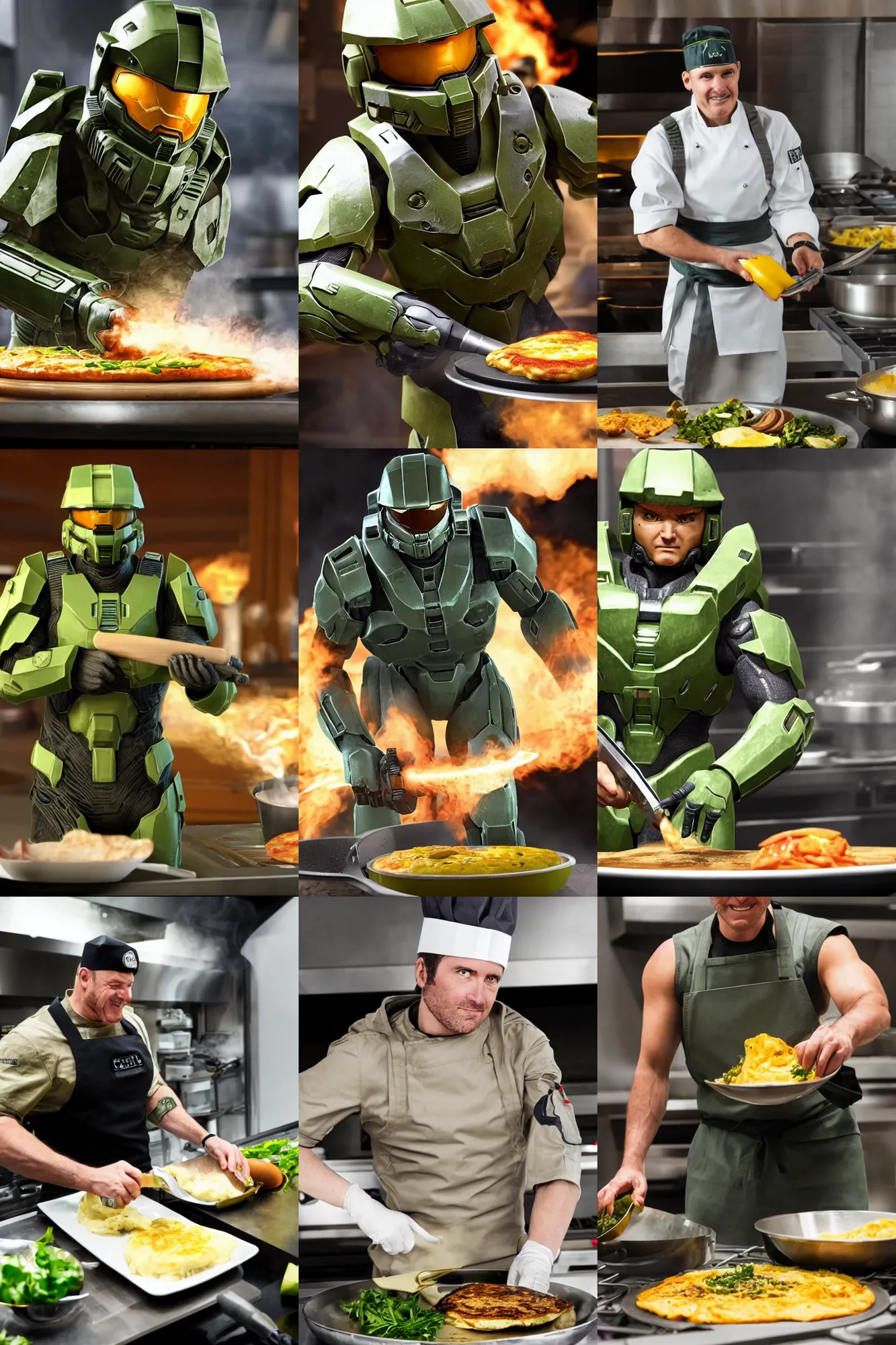 Prompt: master chief from halo : combat evolved wearing chef's hat competing in master chef, making an omelette in frying pan, photography 4 k