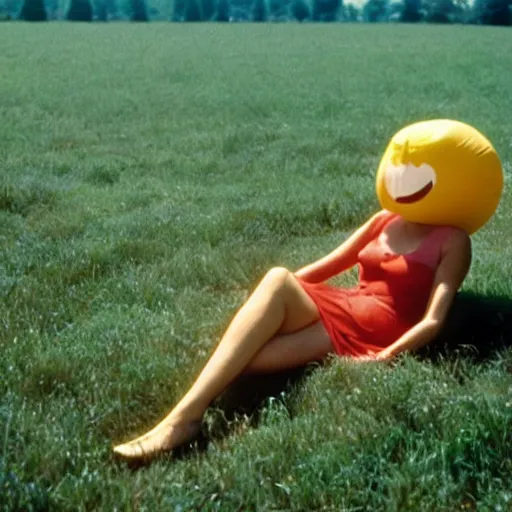 Prompt: an ample woman dressed as a squishy inflatable toy, smiley passersby, in a meadow, film still, terrence malick, 1973 technicolor