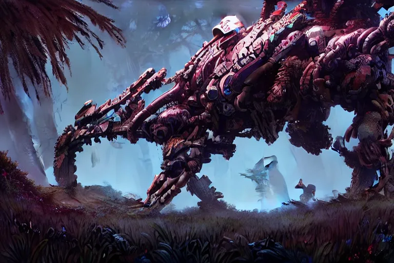 Image similar to full view of a hyper detailed organic mechanic creatuve realistic similar look as horizon forbidden west horizon zero dawn, with reflection and texturesbioluminiscence in a dark deep forest at dawn in spring, wide epic shot from horizon forbidden west,, by kilian eng, substance painter realistic mech surface metal painted scratches, world env from horizon forbidden west horizon zero dawn