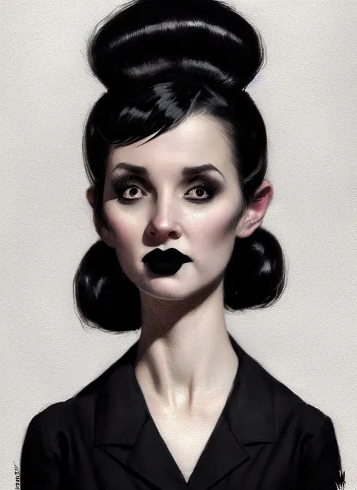 Image similar to portrait of a short woman with a crooked nose and a confident expression, 1 9 6 0 s, black clothes, goth, punk, funk, intricate, elegant, highly detailed, digital painting, artstation, concept art, smooth, sharp focus, illustration, art by wlop, mars ravelo and greg rutkowski