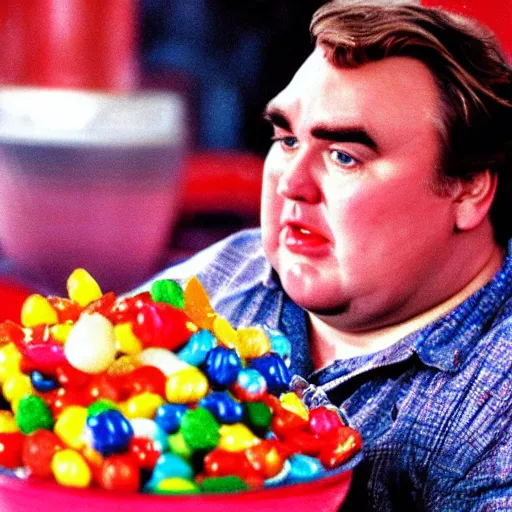 Prompt: john candy in a bowl of candy, high detail