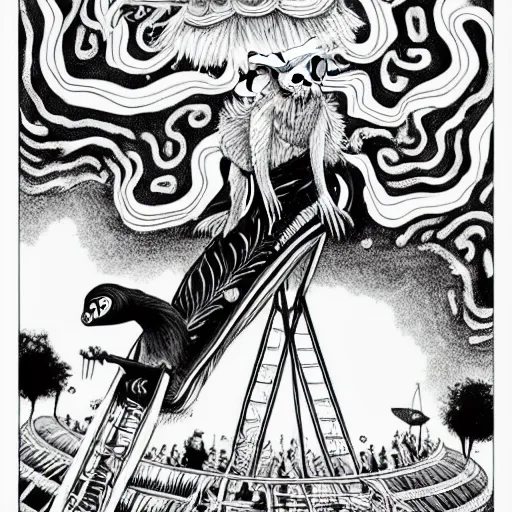 Image similar to black and white trippy comic art of a sloth riding a merry go round, lots of particles, drawn by Martin Rowson, Tim Burton, Studio Ghibli, Alex Pardee, Nekro Petros Afshar, James McDermott, cgsociety 4K