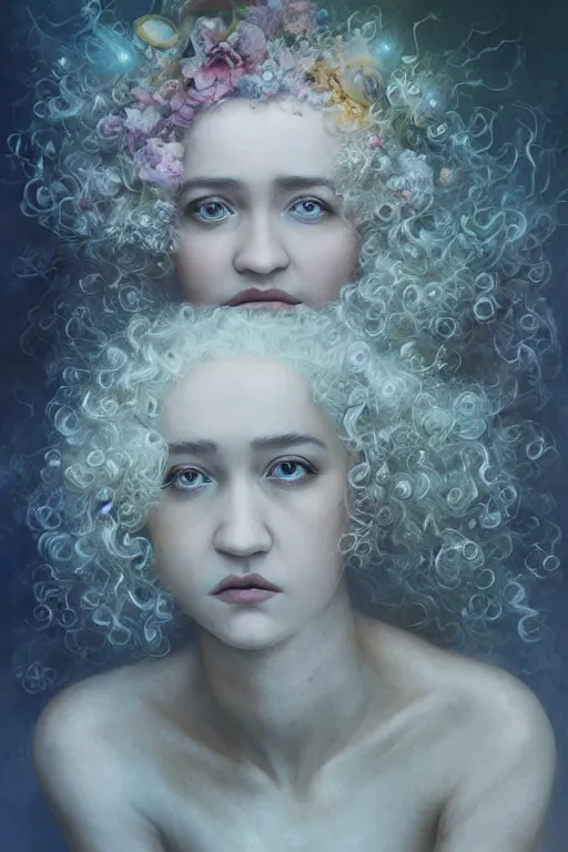 Image similar to closeup portrait shot of julia garner as delirium of the endless, the sandman, the fairy queen, floral growth, thick fancy makeup, highly detailed, digital painting, artstation, concept art, soft focus, depth of field, artgerm, tomasz alen kopera, peter mohrbacher, donato giancola, wlop, boris vallejo