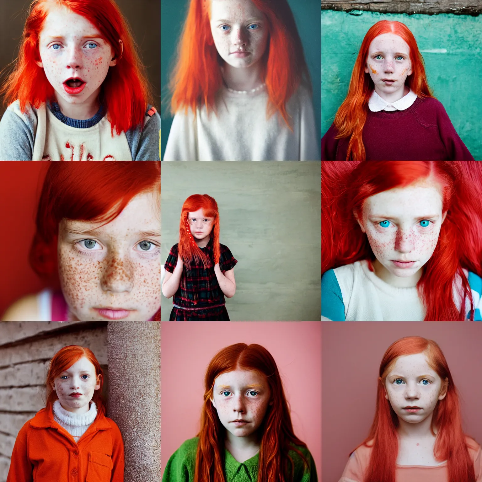 Prompt: photograph of a ten year old girl by wes anderson, red hair, freckles