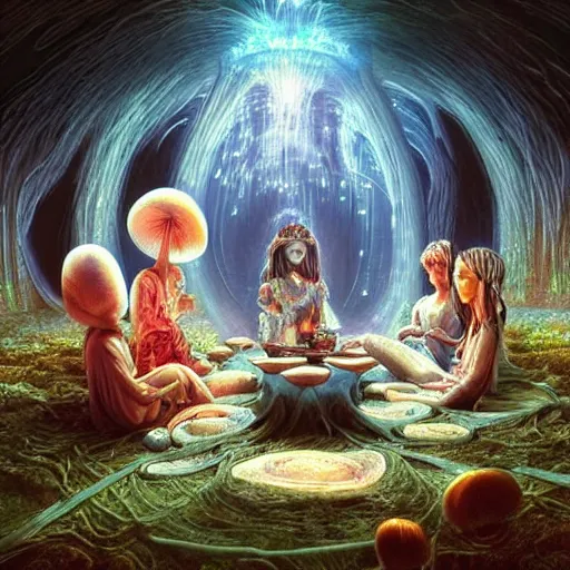 Prompt: mushroom goddess with group of elders, discussing the new season of friends, cynical realism, hiroya oku painterly, yoshitaka amano, chris cunningham, moebius, beautiful lighting, tendrils, in the style of, wlop, scientific diagram