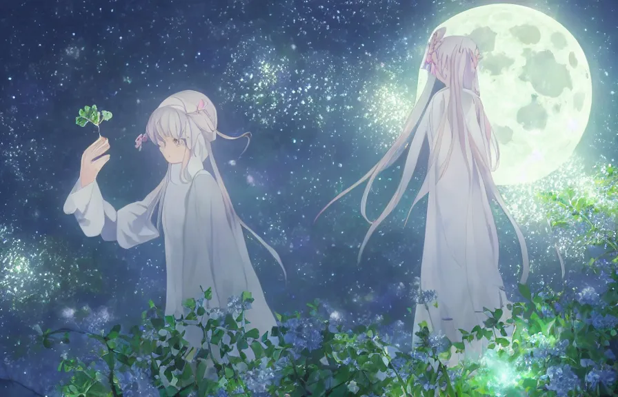 Image similar to Illyasviel holding floating green crystal | ghibli clover | Big Moon at Blue Night | Trees with white flowers | bioluminescent blue FLOWERS | strong blue rimlit | visual-key | anime illustration | highly detailed High resolution | Light Novel | Visual Novel | Gosick