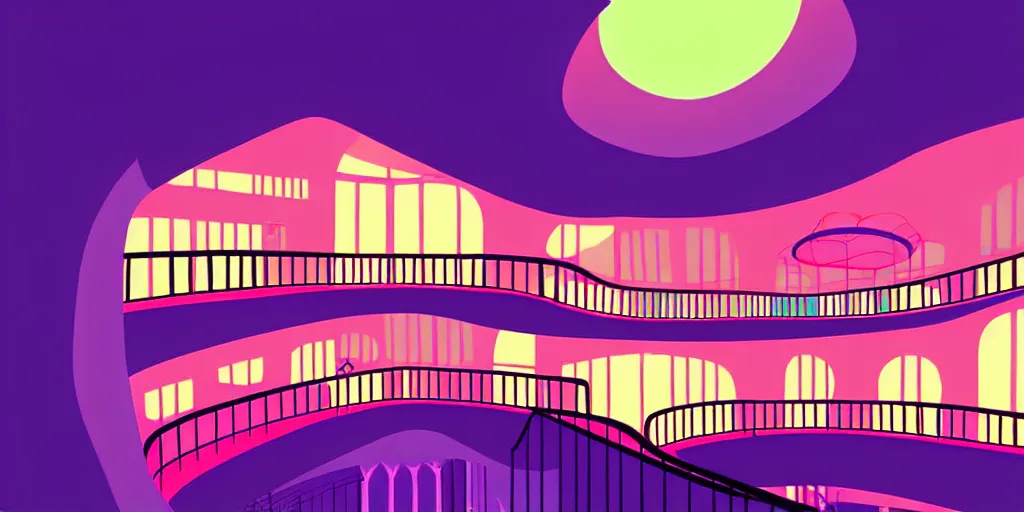 Prompt: minimalistic curly perspective digital art of indoor top floor of a casino with a balcony to the ground floor by anton fadeev from ( nightmare before christmas )!!!!!!!!!!