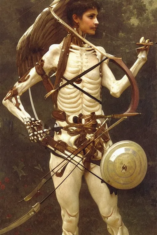 Prompt: portrait of a skeleton archer with bow and arrow in the middle world, wearing helmets with wings, wearing european style armor, holding a sword in both hands, symmetrical, solemn, sacred, aura, by bouguereau