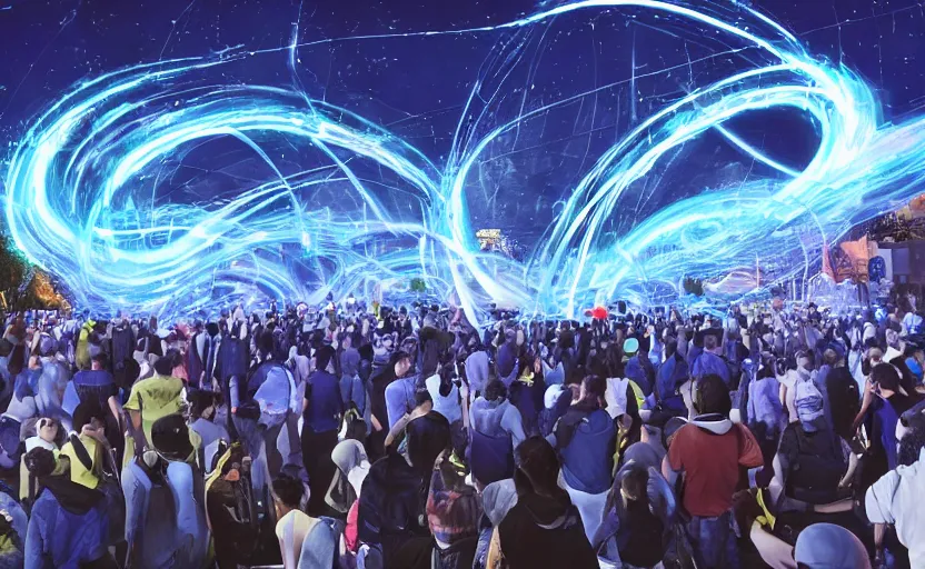 Image similar to crowd of crazy people with posters attacking cops in front a huge blue spiral - shaped bright white luminous attractor that is floating and stores in los angeles with light screens all over the street, concept art, art for the game, professional lighting, night lighting from streetlights