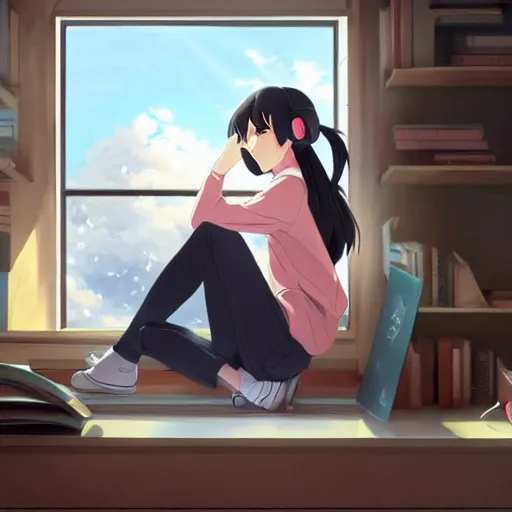 Image similar to Anime painting of a black haired girl wearing headphones while studying in her warm cozy home, by makoto shinkai, relaxed, calm, atmospheric, peacefull, trending on artstation, kimi no na wa