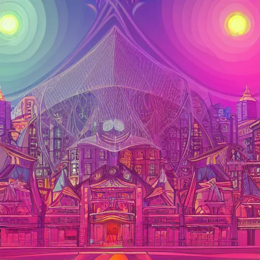 Prompt: mystical psychedelic poster with shaded lighting in the style of andriod jones, radiant light, detailed and complex environment, beautiful, peaceful, utopic astral city in the sky with many buildings and temples reflecting a modern city on the ground with old growth pine trees, overlaid sacred geometry, divine light, with implied lines, gradient of hot pink and neon baby blue