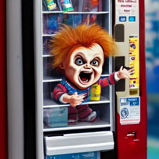 Image similar to tiny screaming chucky doll climbing out of a vending machine