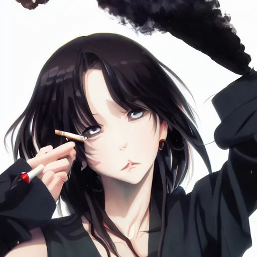 Prompt: An anime portrait of a dark haired goth smoking a djarum, by Stanley Artgerm Lau, WLOP, Rossdraws, James Jean, Andrei Riabovitchev, Marc Simonetti, and Sakimichan, tranding on artstation