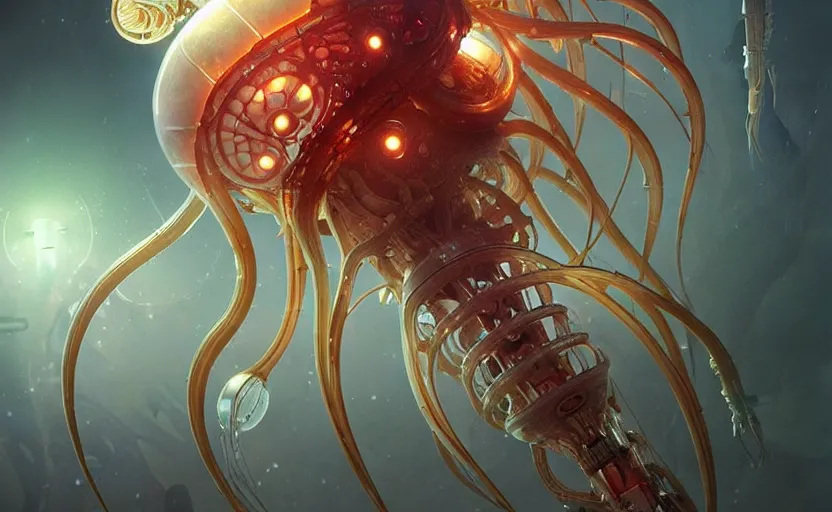 Prompt: Cyborg biomechanical jellyfish, sci-fi, highly detailed, digital painting, artstation, concept art, smooth, sharp focus, illustration, art by artgerm and greg rutkowski and alphonse mucha