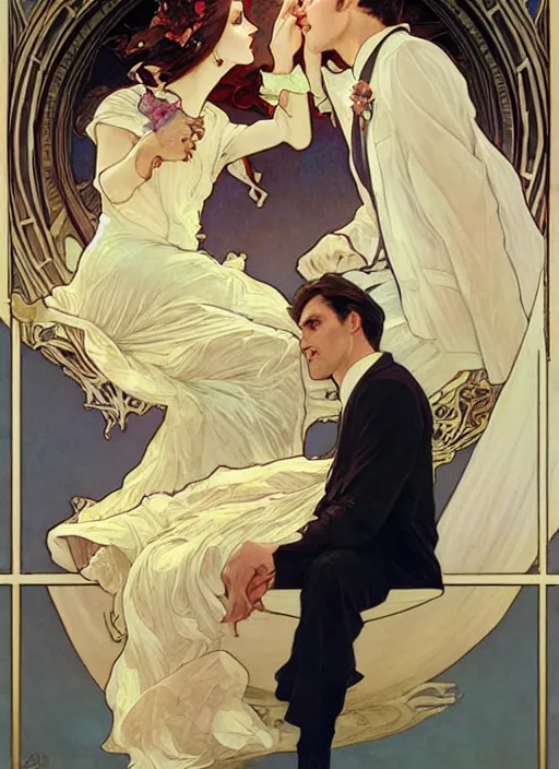 Prompt: an elegant couple, a man and a woman, sit together on a crescent moon in the sky. painting by artgerm and greg rutkowski and alphonse mucha.