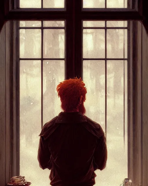 Image similar to attractive red - headed bearded man looking out the window sadly, highly detailed, digital painting, artstation, concept art, smooth, sharp focus, illustration, art by artgerm and greg rutkowski and alphonse mucha