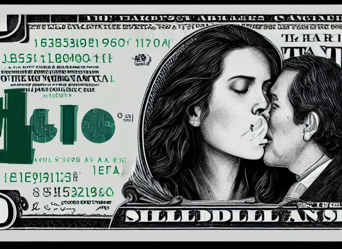 Prompt: reylo kissing, dollar bill