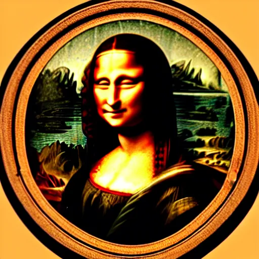 Image similar to portrait of the mona lisa, photography, photorealistic, shot on a wide angle fisheye lens