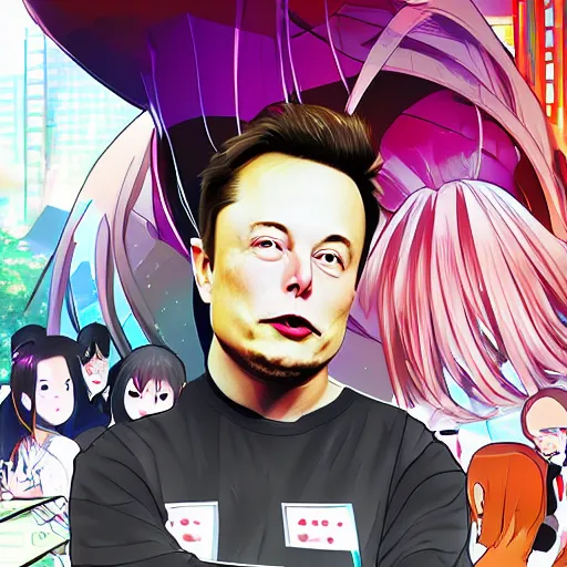 Prompt: elon musk stuck in an anime utopia, digital art