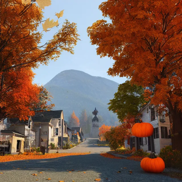 Image similar to pretty colonial city street with shops and pumpkins, maple trees with fall foliage, new hampshire mountain, stone walls, volumetric, realistic, cinematic lighting, ray tracing, unreal engine 5, octane render, hyper realistic, photo, 8 k