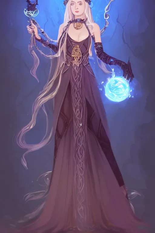 Prompt: a full body portrait of a gorgeous female sorceress, looking at camera, D&D, choker on neck, stylish dress with arcane symbols, very long flowing hair, intricate, elegant, stylish, cute slightly nerdy smile, mouth slightly open, fantasy, extremely detailed, digital painting, artstation, concept art, smooth, sharp focus, illustration, stunning lighting, art by artgerm and greg rutkowski and alphonse mucha and simon stalenhag